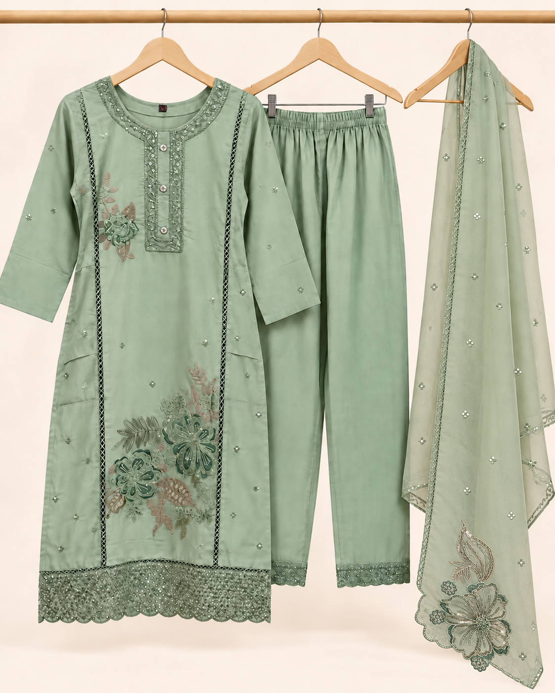 Pastel Floral Mul Chanderi 3-Piece Set-Powder Blue, Sage Green and Dusty Lavender