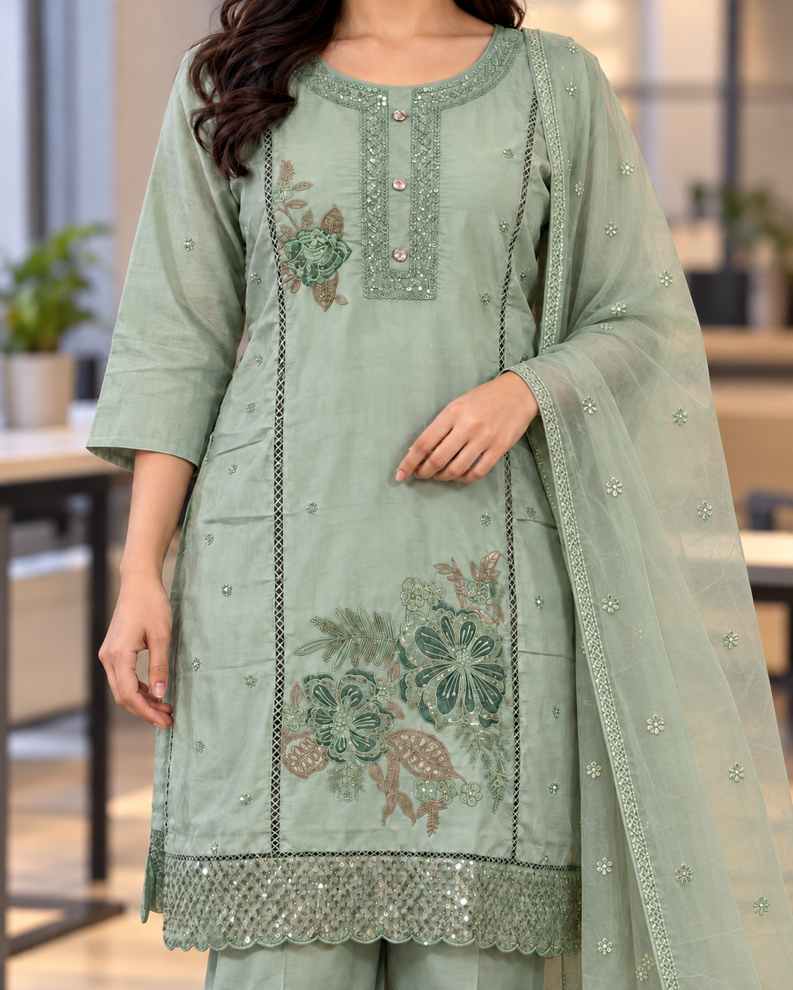 Pastel Floral Mul Chanderi 3-Piece Set-Powder Blue, Sage Green and Dusty Lavender