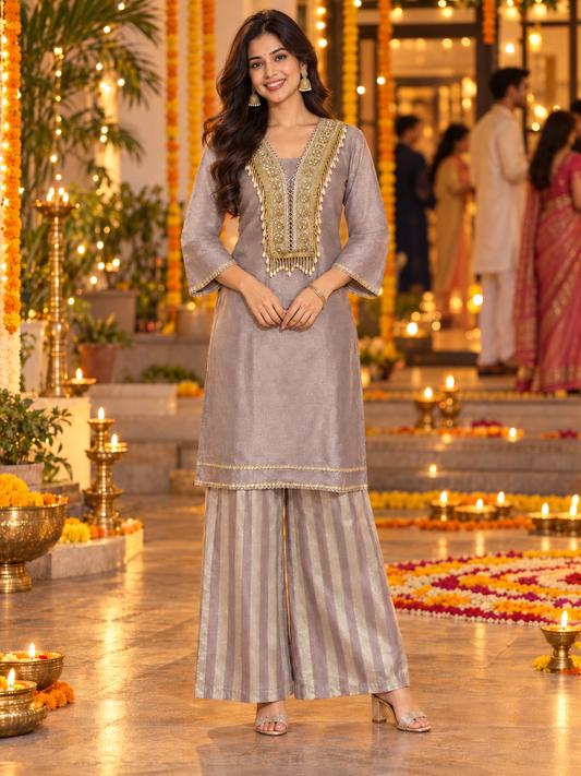 Purple Pink Gold Embellished Shimmer Co-ord Set