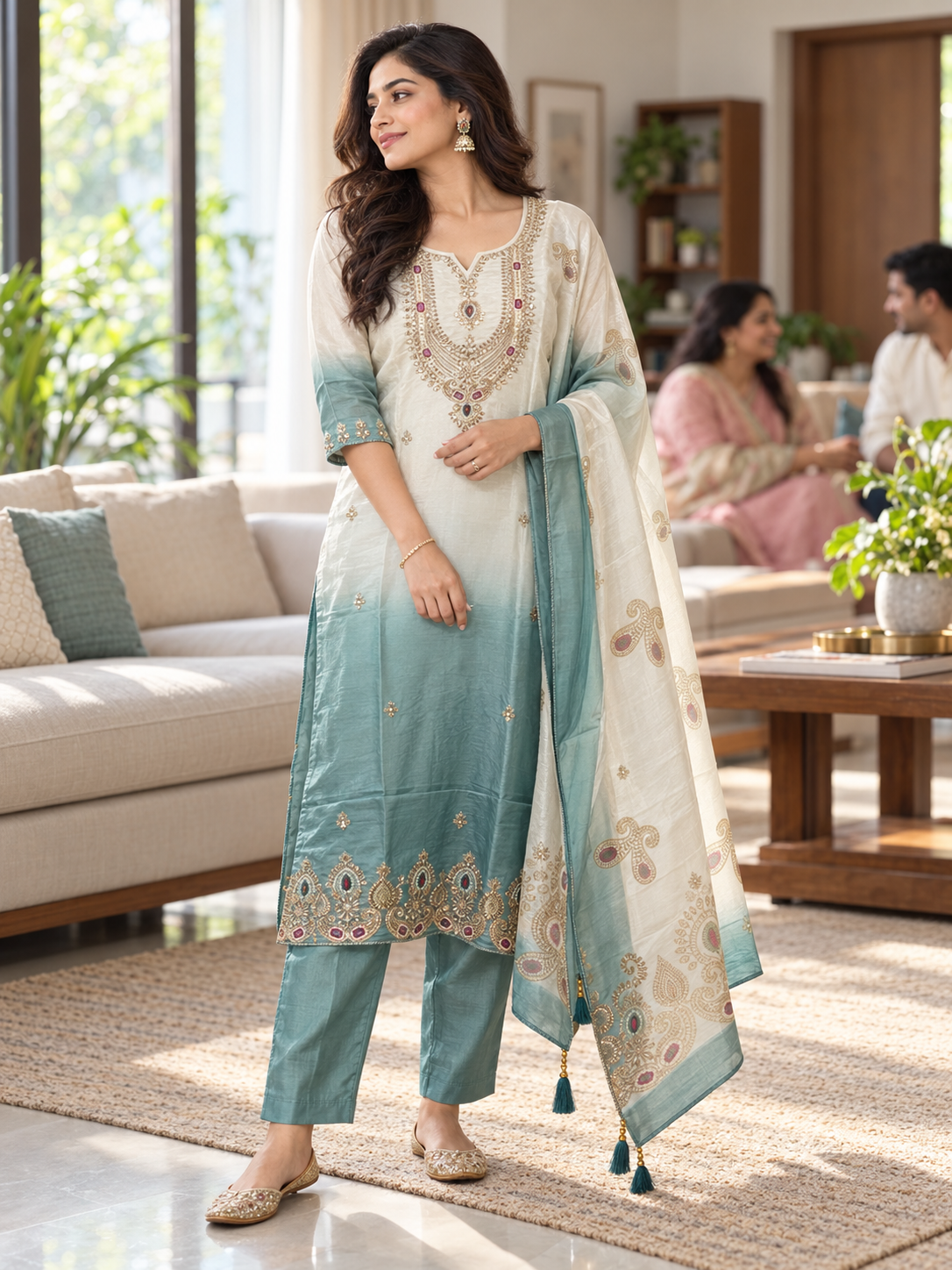 Sea-Green Embroidered Kurta Set with Dupatta