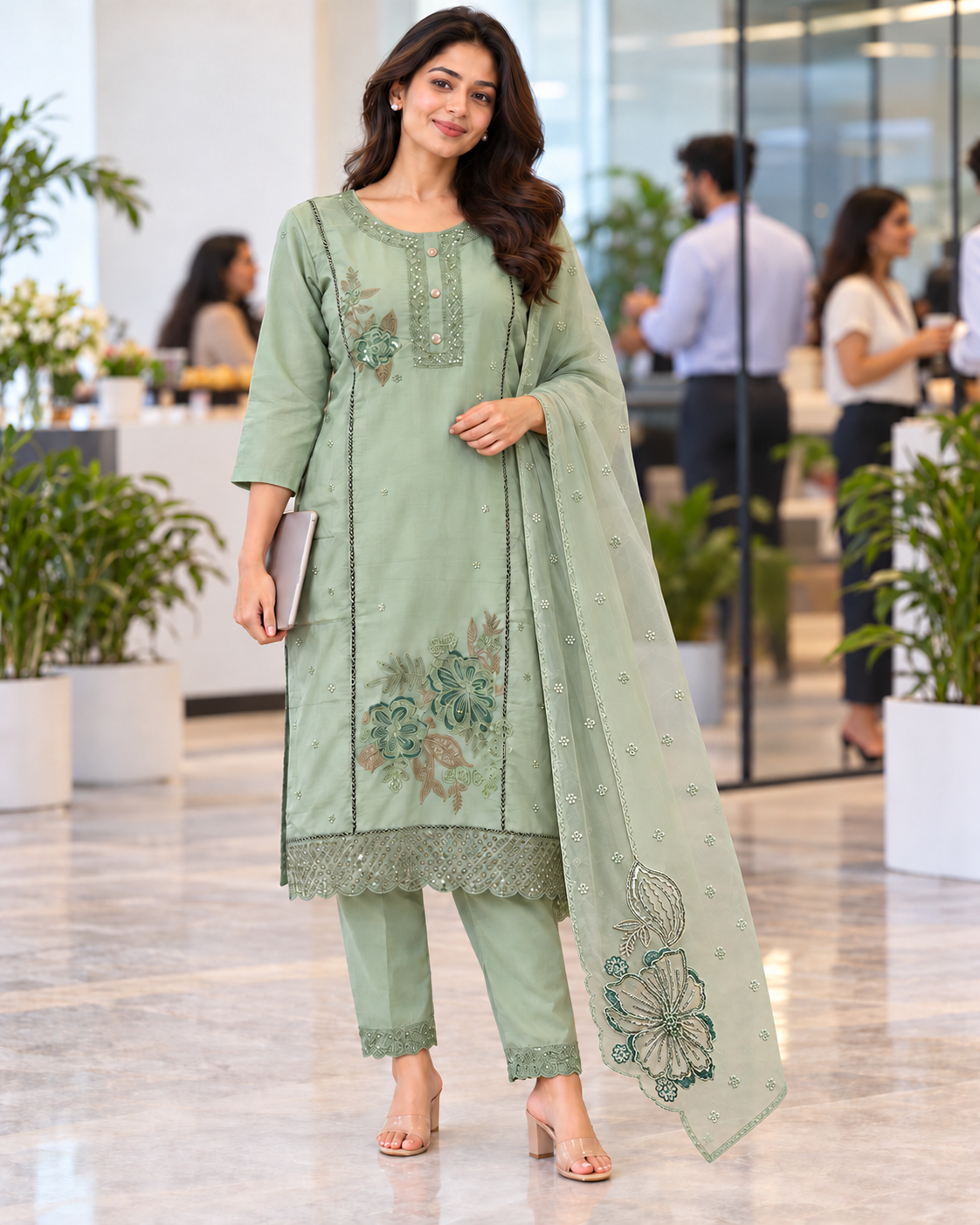Pastel Floral Mul Chanderi 3-Piece Set-Powder Blue, Sage Green and Dusty Lavender