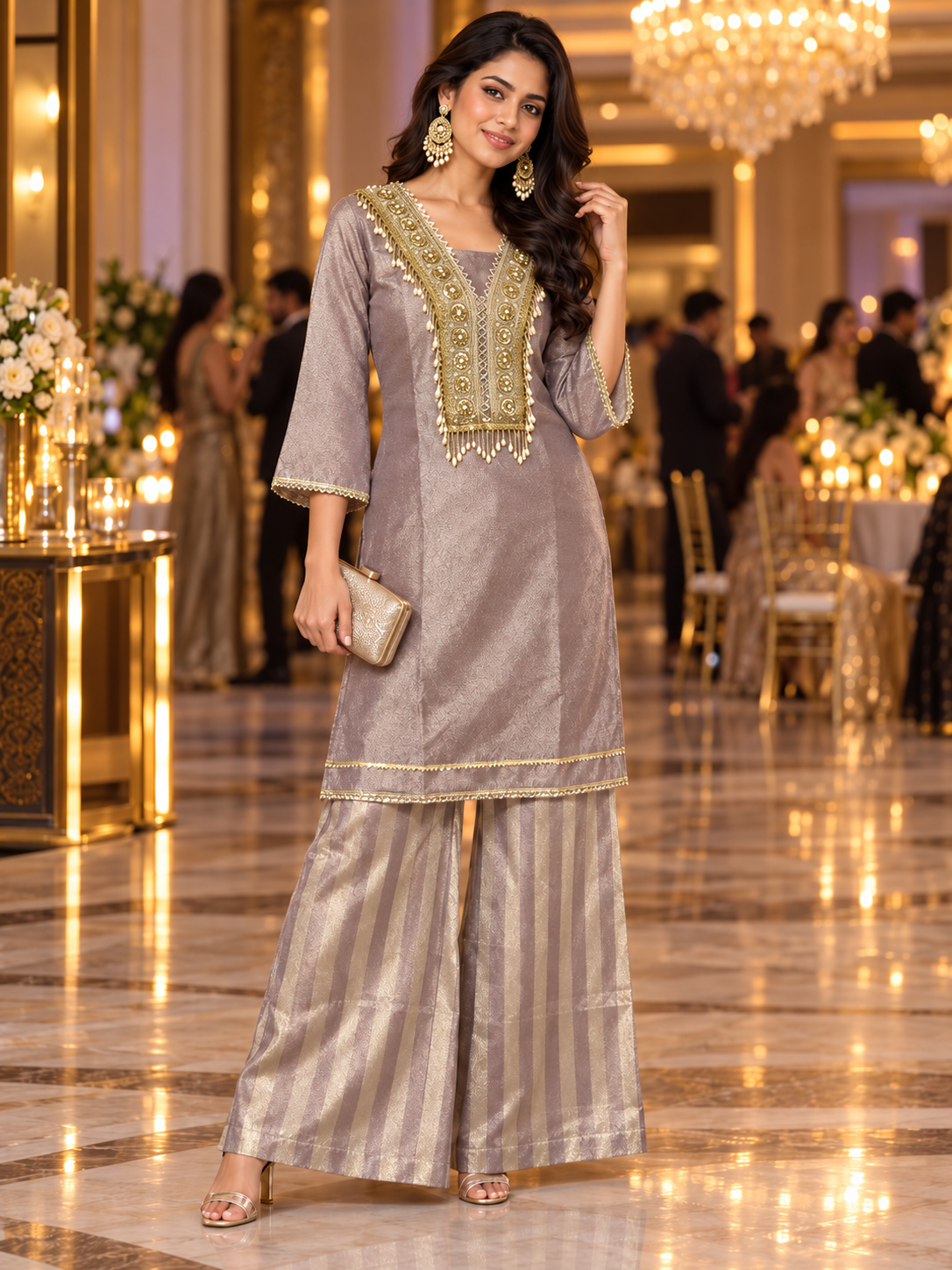 Purple Pink Gold Embellished Shimmer Co-ord Set