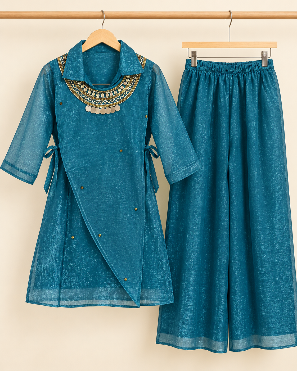 Peacock Blue Beaded Collar Angrakha Co-ord Set