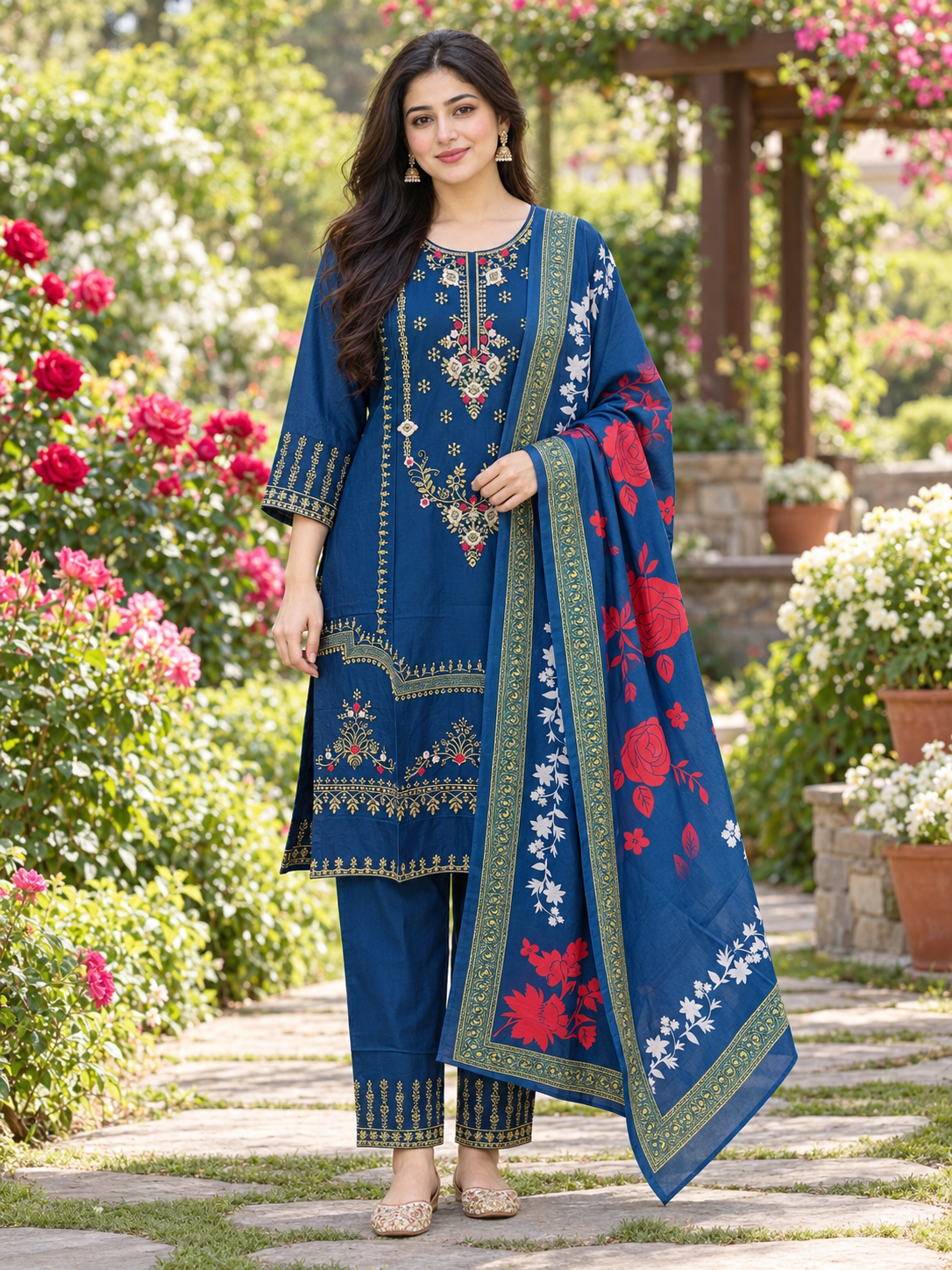 Peacock blue Heavy Rayon kurta set with golden embroidery and a printed dupatta with white and red florals on a hanger