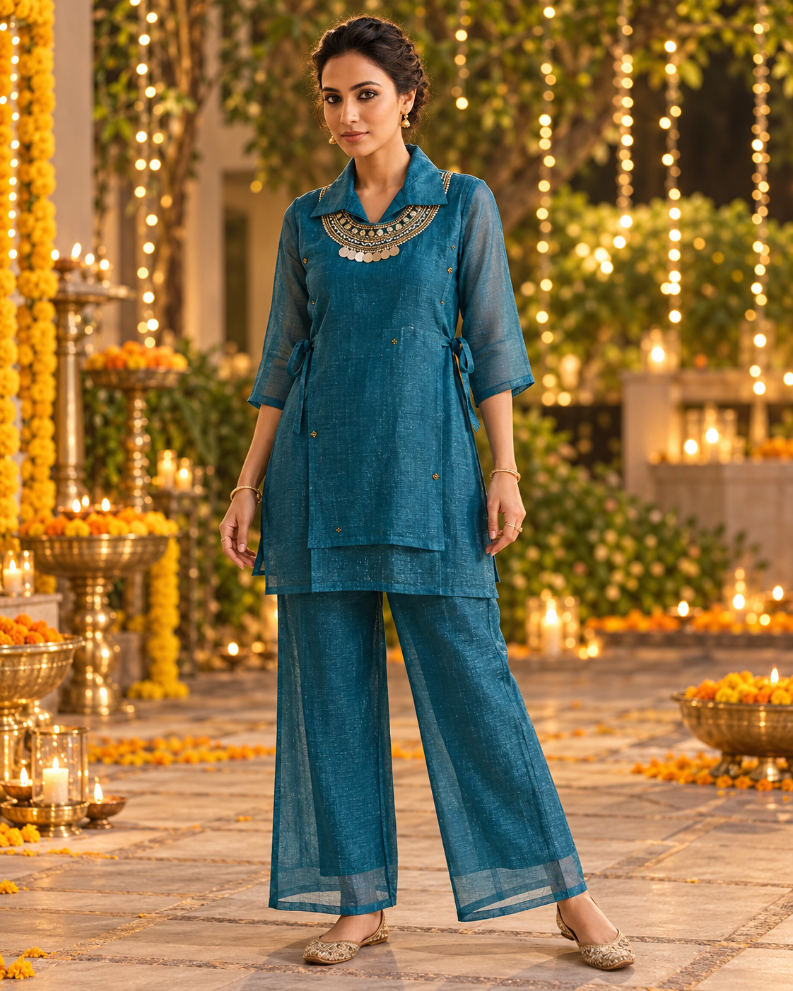 Peacock Blue Beaded Collar Angrakha Co-ord Set