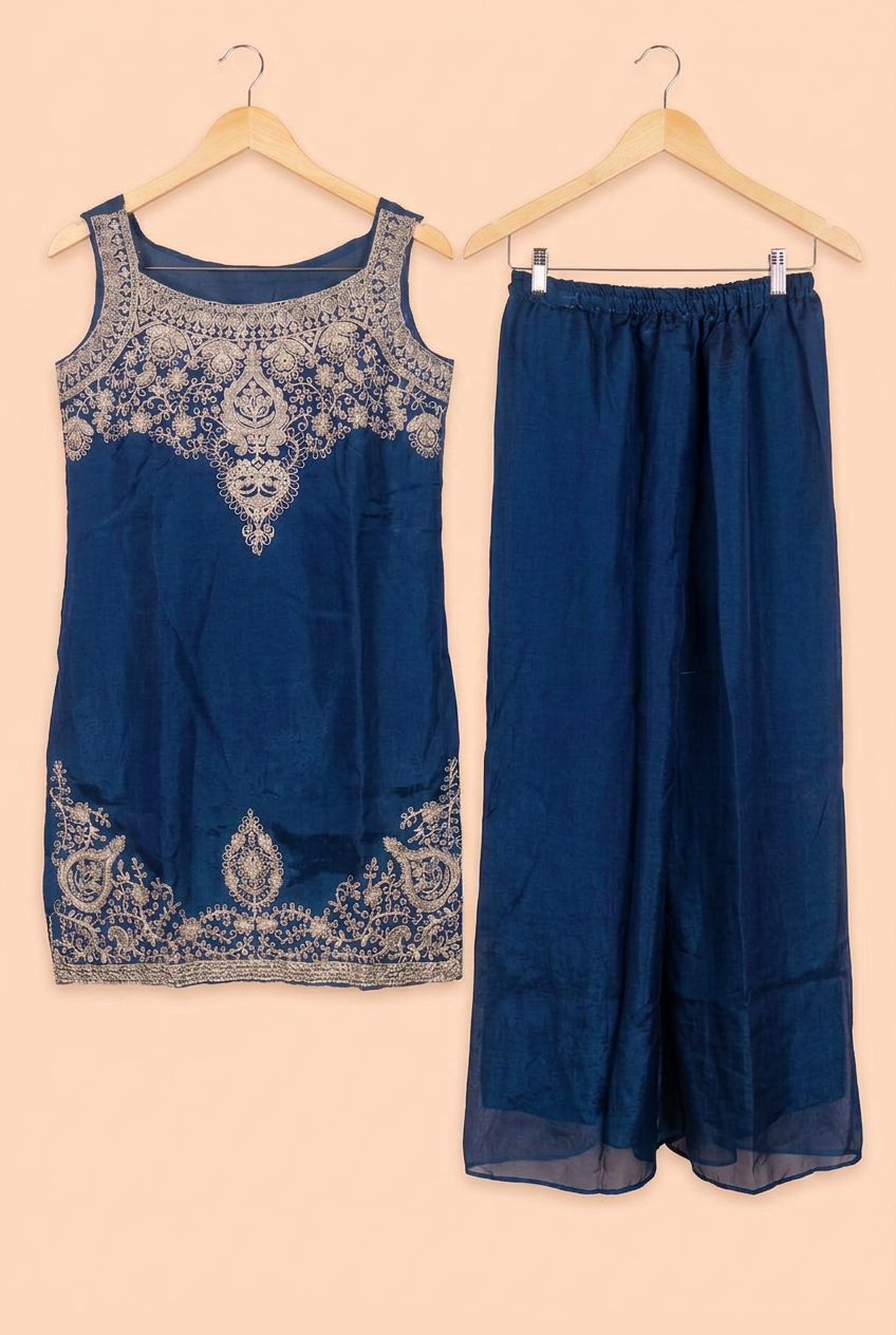 Antique Gold Embroidered Kurta Palazzo Set – Bottle Green, Wine, Royal Blue, Plum