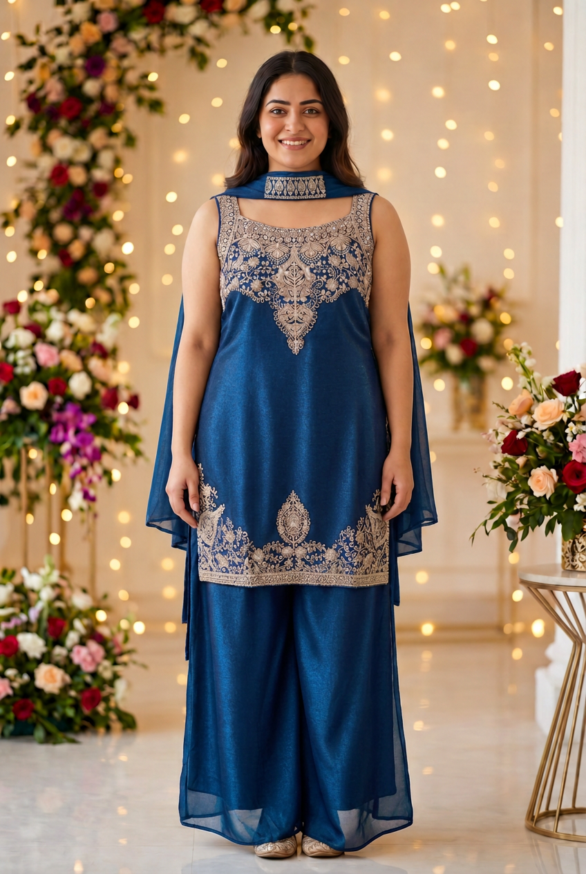 Royal blue Fendy Silk sleeveless kurta with antique gold embroidery, displayed on a hanger with matching palazzo pants