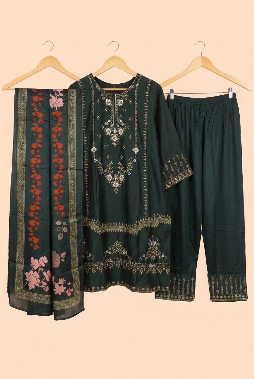 Gold Embroidered Kurta Set with Dupatta – Bottle Green, Peacock Blue, Wine, Plum