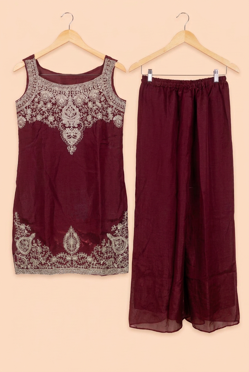 Antique Gold Embroidered Kurta Palazzo Set – Bottle Green, Wine, Royal Blue, Plum