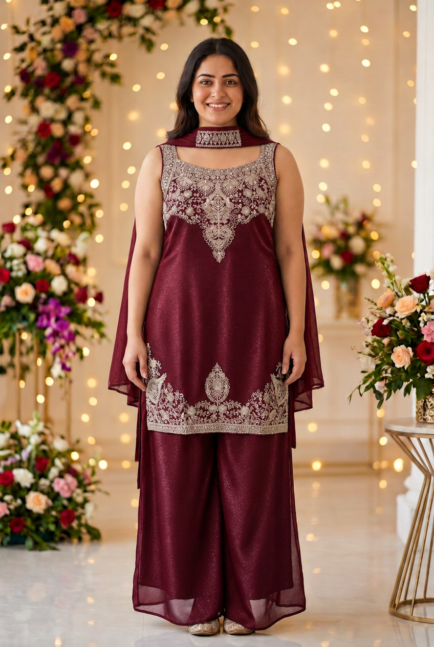 Wine-coloured Fendy Silk sleeveless kurta with antique gold embroidery, displayed on a hanger with matching palazzo pants