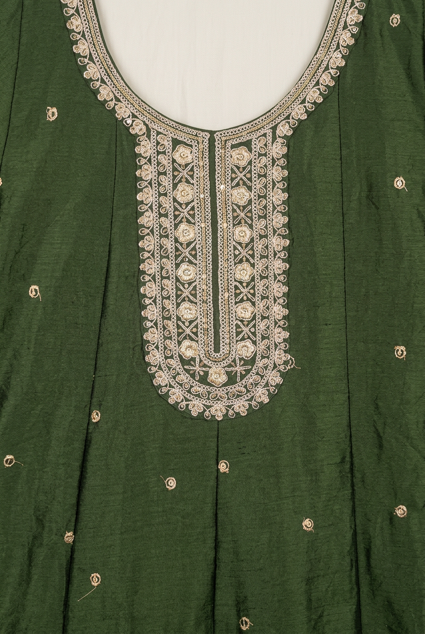 Bottle Green Zari Embroidered Kurta Set