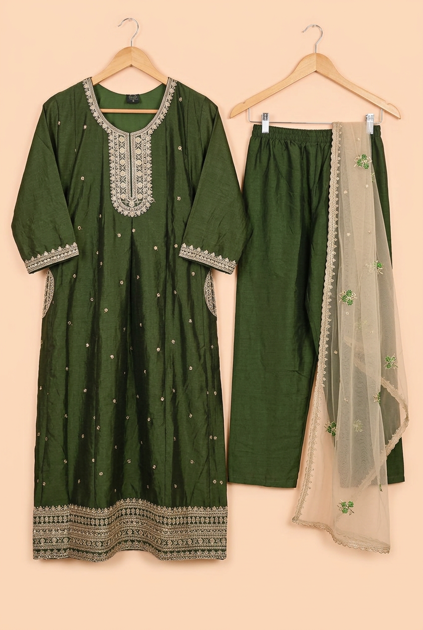 Bottle Green Zari Embroidered Kurta Set