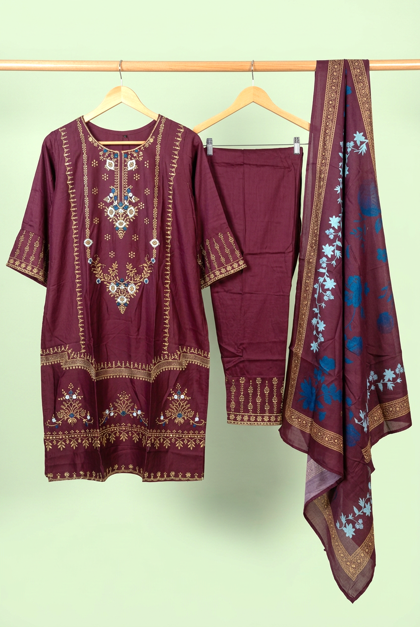 Gold Embroidered Kurta Set with Dupatta – Bottle Green, Peacock Blue, Wine, Plum