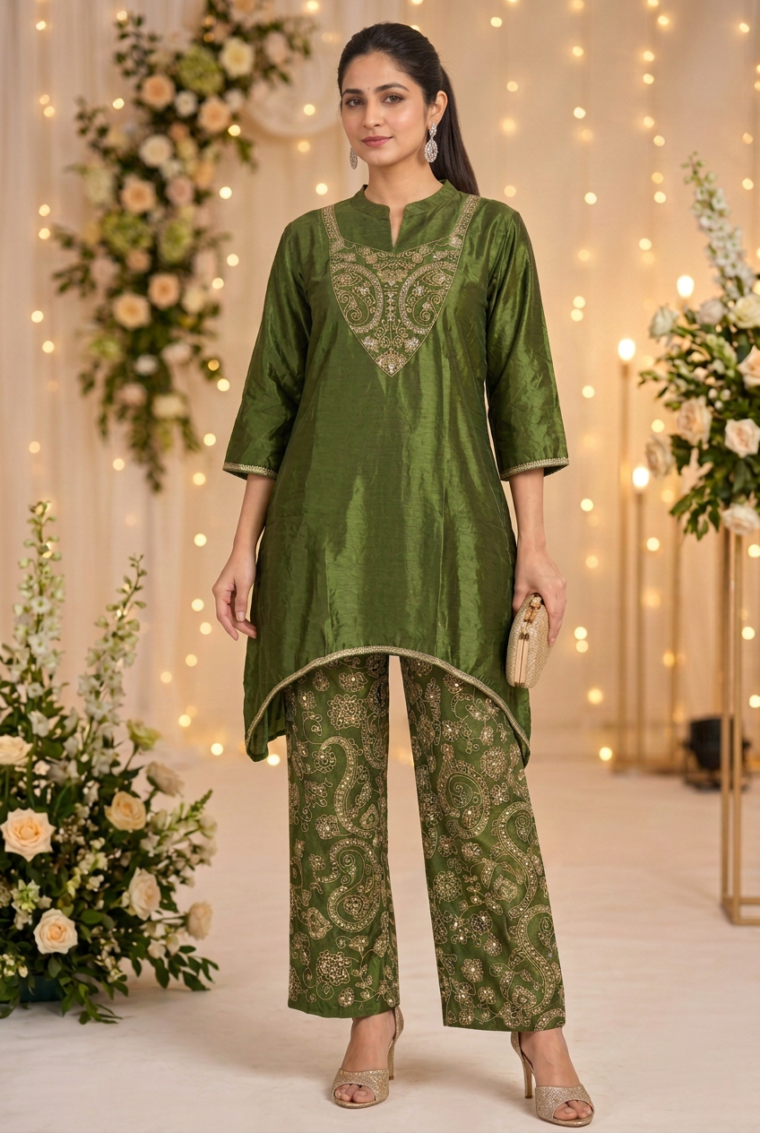 Mehendi Green Paisley Embroidered Kurta Set