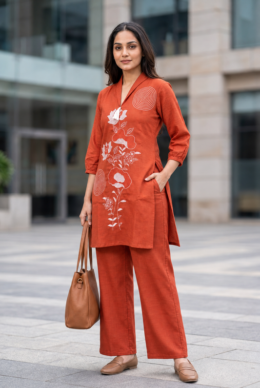 Woman wearing a rust Viscose Rayon co-ord set with white lotus embroidery, tassel V-neck top with three-quarter sleeves and matching wide-leg pants
