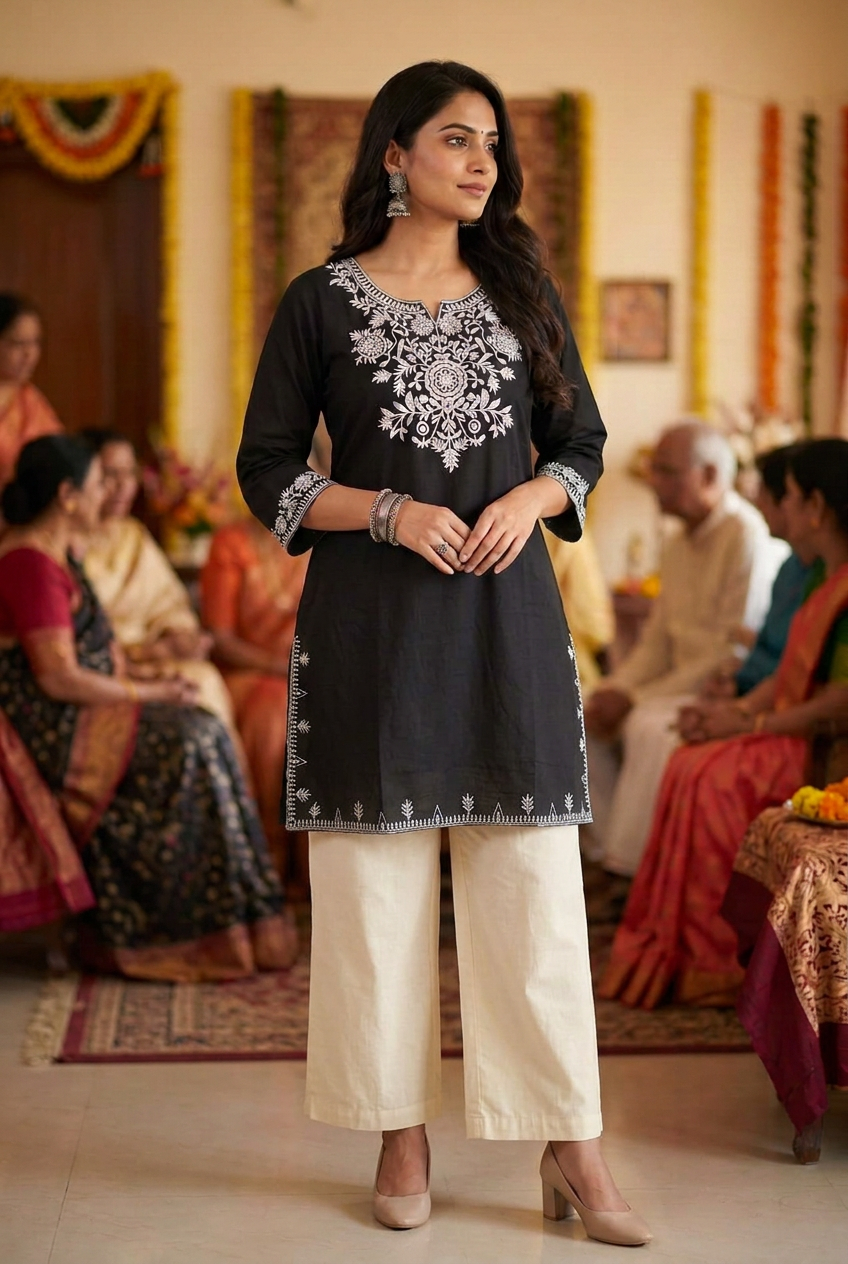 Black Floral Embroidered Kurta Co-ord Set