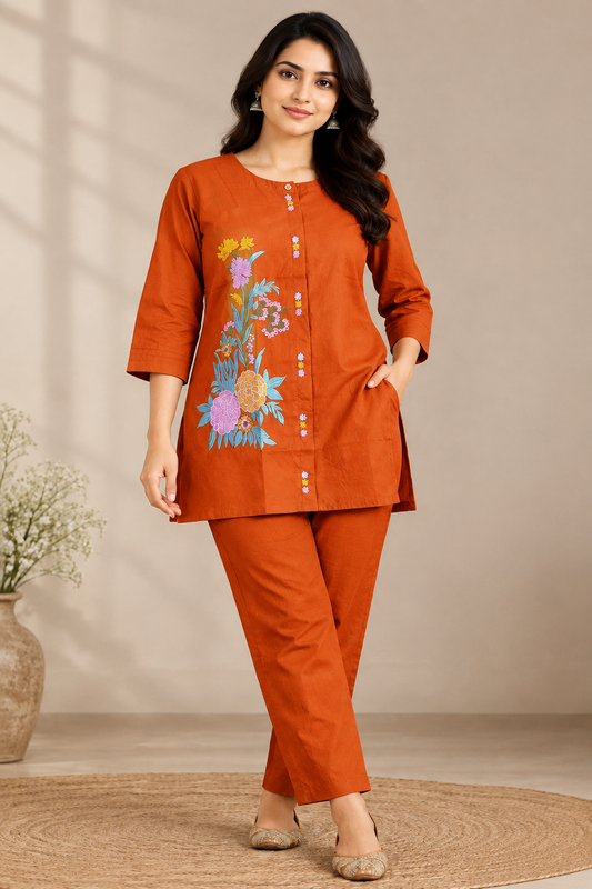 Woman wearing rust brown floral embroidered cotton co-ord set with three-quarter sleeve tunic and straight pants