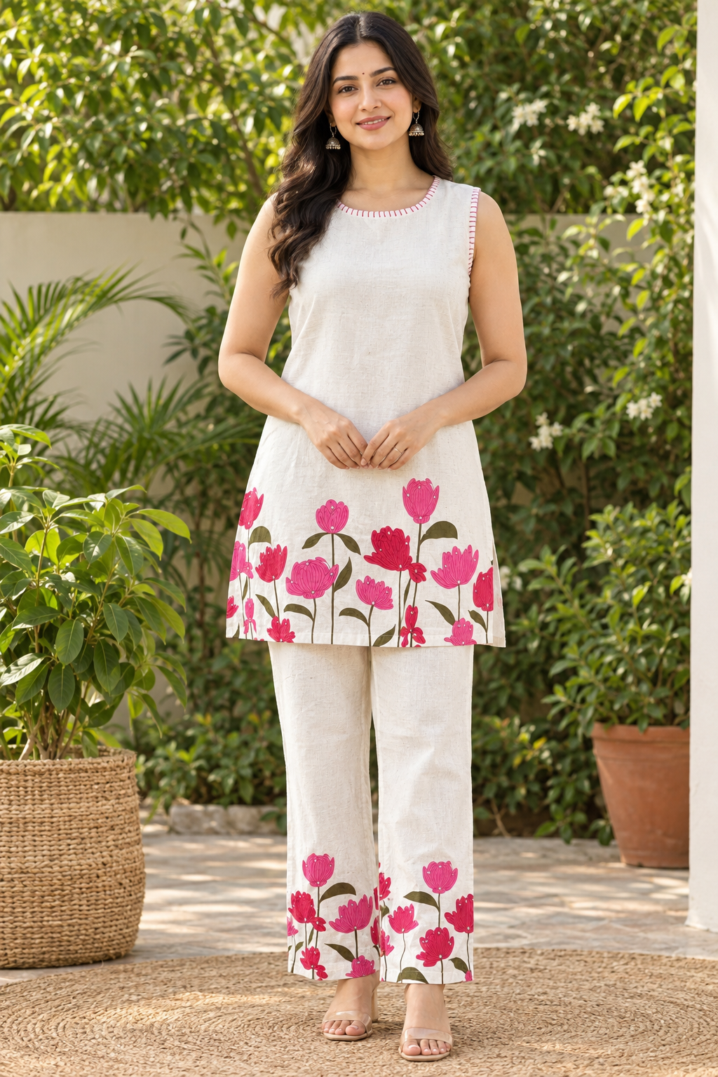 Off-white Khadi Cotton co-ord set with pink and red tulip border print, sleeveless round-neck top and matching straight pants on hangers
