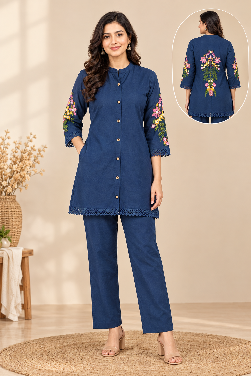 Back view of a navy blue cotton co-ord set with a large multicolour floral embroidery motif on the back, lace-trimmed hem and matching straight pants
