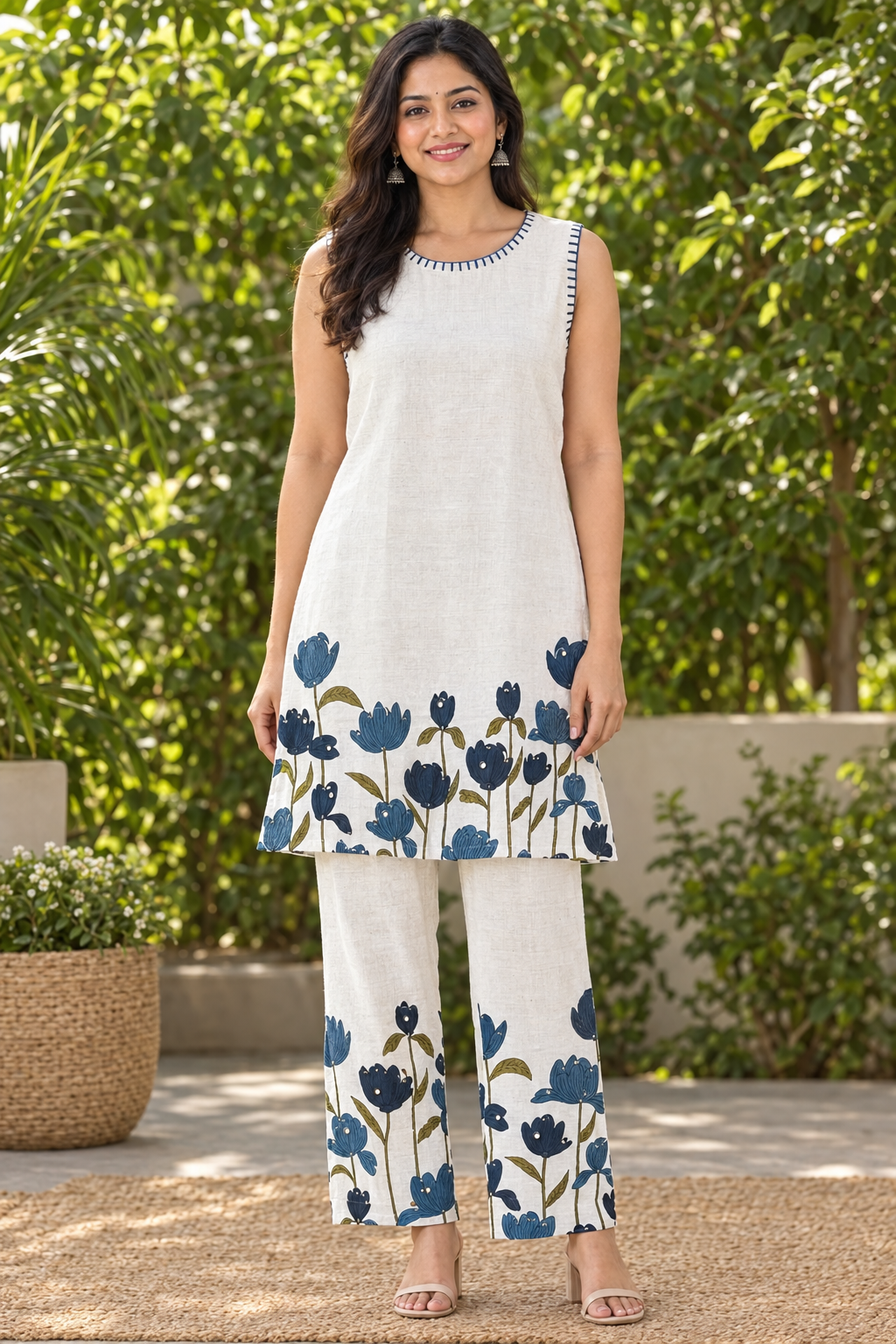 Off-white Khadi Cotton co-ord set with blue and navy tulip border print, sleeveless round-neck top and matching straight pants on hangers
