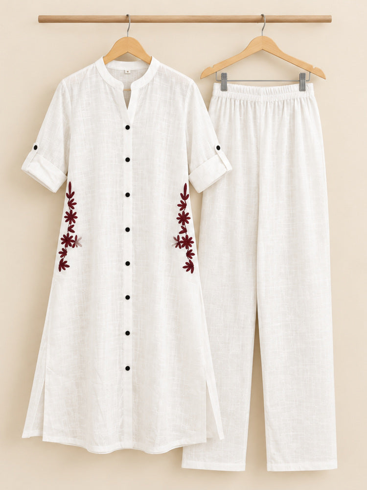 White Floral Embroidered Kurta Co-ord Set
