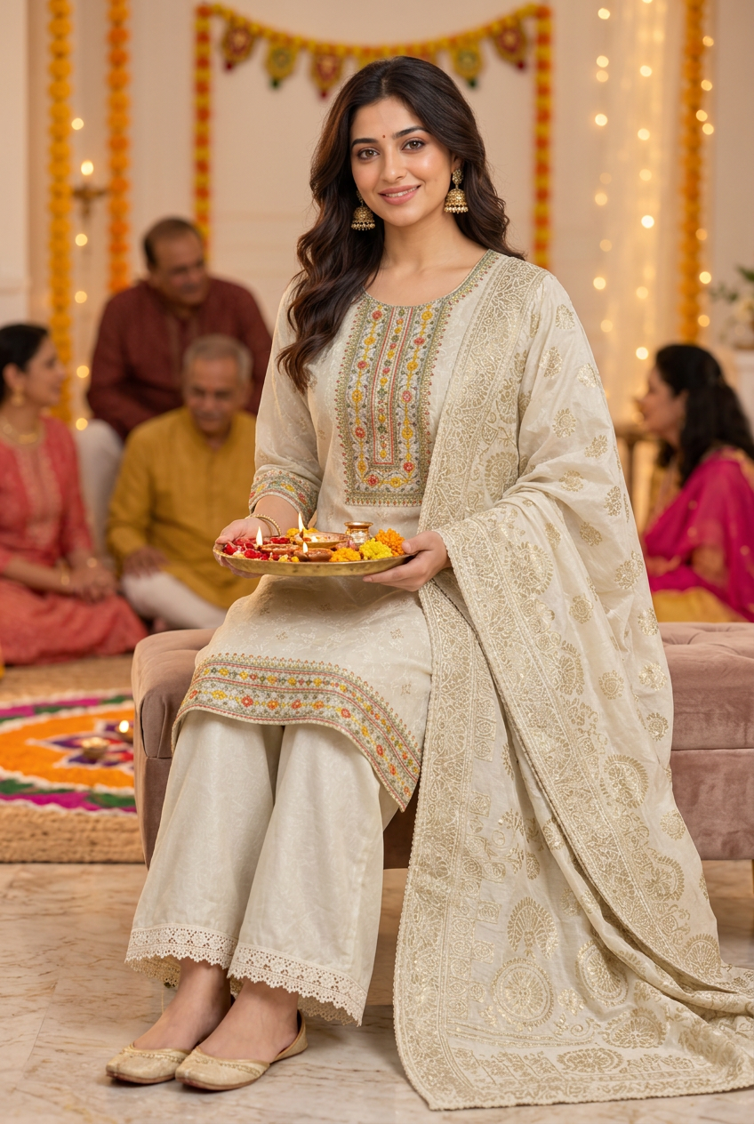 Ivory Gold Embroidered Kurta Palazzo Set with Dupatta