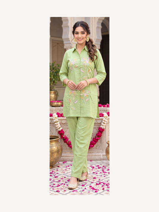 Pista Green Floral Beadwork Co-ord Set