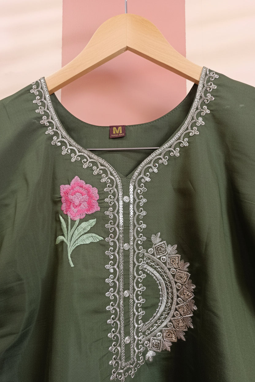 Olive Green Floral Embroidery Co-ord Set