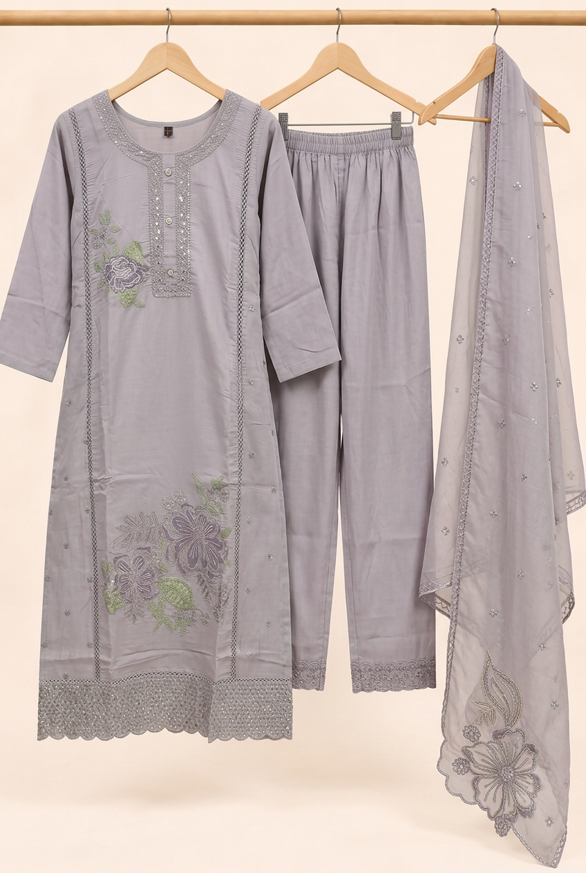 Pastel Floral Mul Chanderi 3-Piece Set-Powder Blue, Sage Green and Dusty Lavender