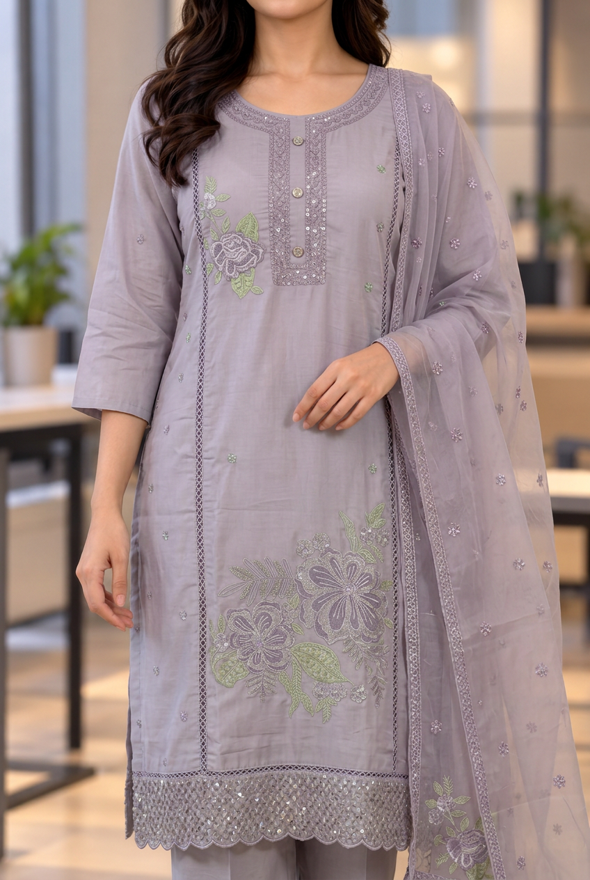 Pastel Floral Mul Chanderi 3-Piece Set-Powder Blue, Sage Green and Dusty Lavender