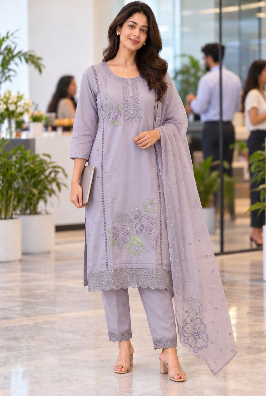 Pastel Floral Mul Chanderi 3-Piece Set-Powder Blue, Sage Green and Dusty Lavender