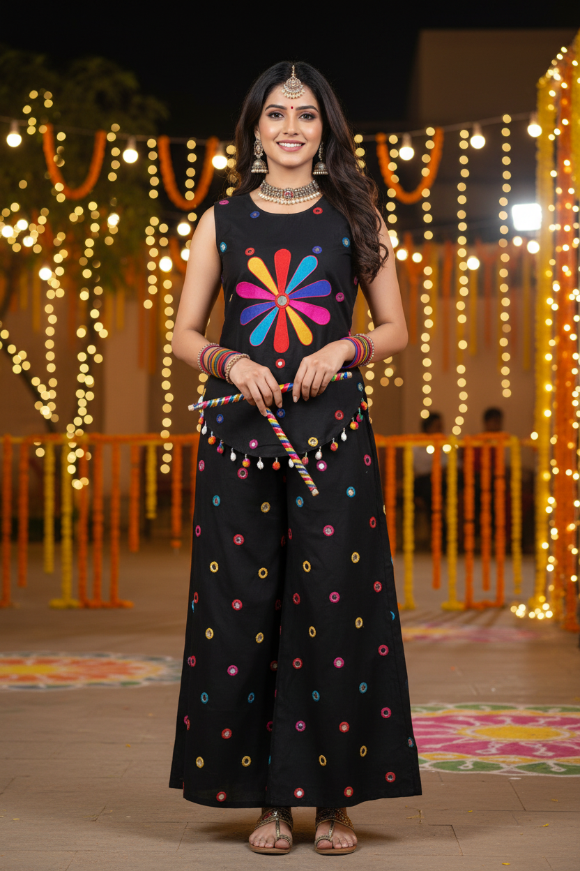 Model at Navratri with Dandiya - Black Floral Co-ord Set