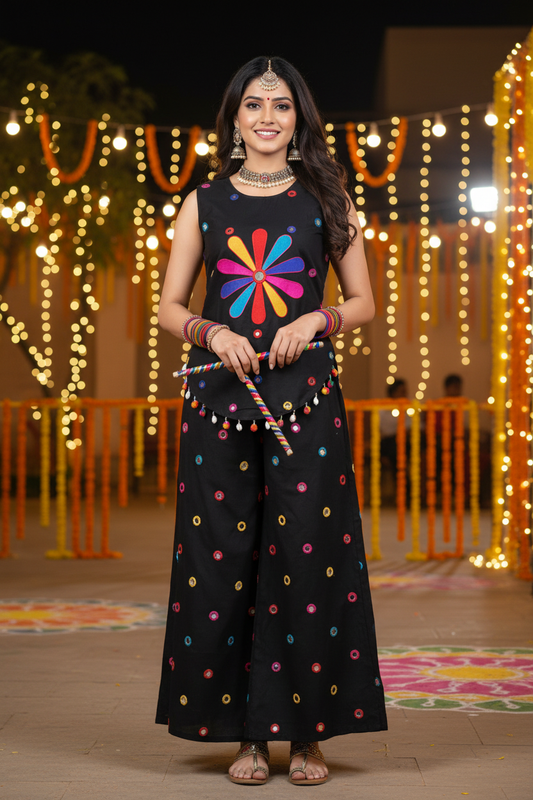 Model at Navratri with Dandiya - Black Floral Co-ord Set