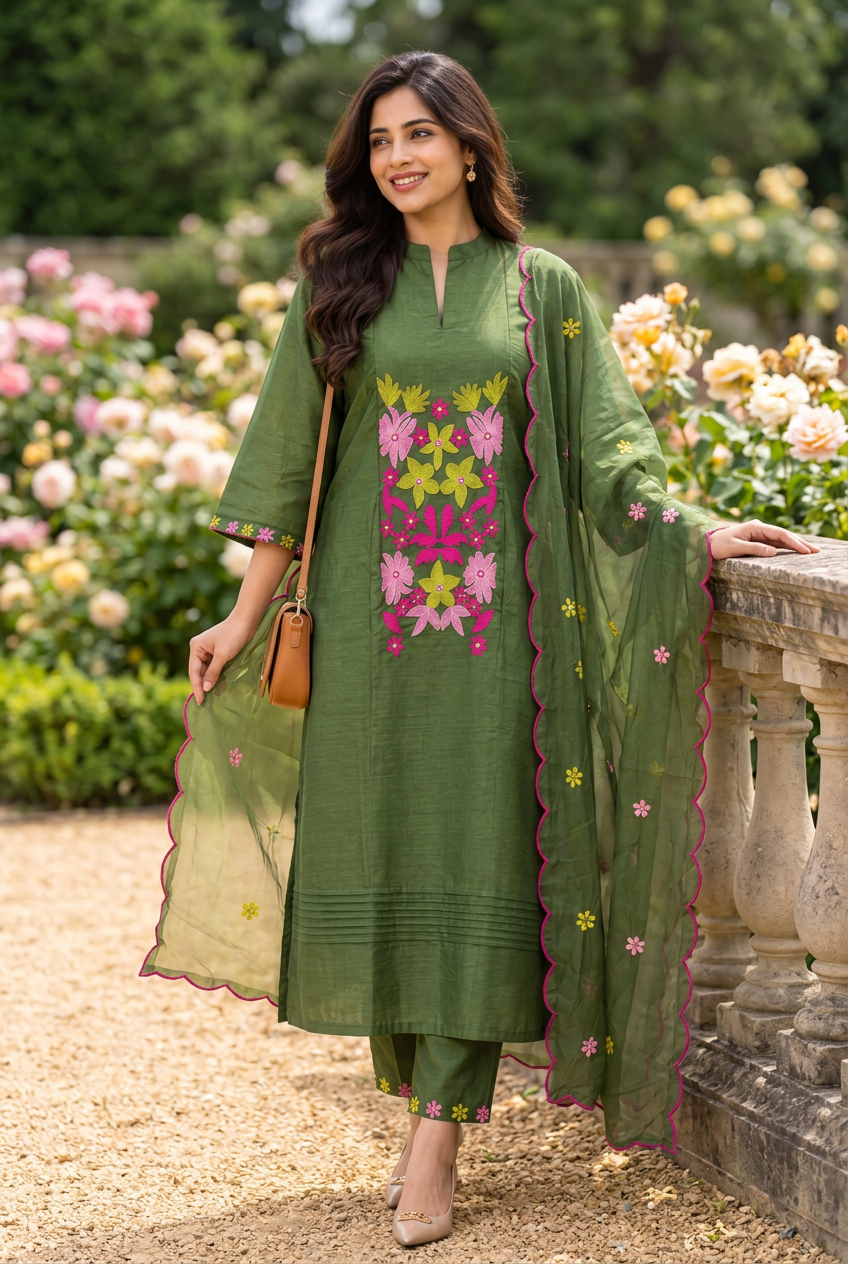 Bottle Green Floral Embroidered Kurta Set with Dupatta