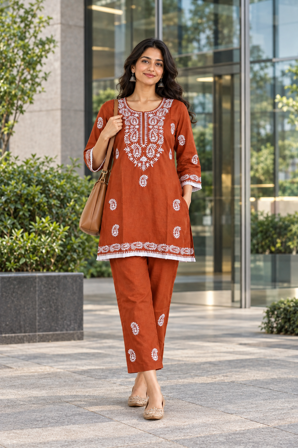 Rust chikankari style embroidered cotton co-ord set with white paisley thread work tunic and straight pants on hangers
