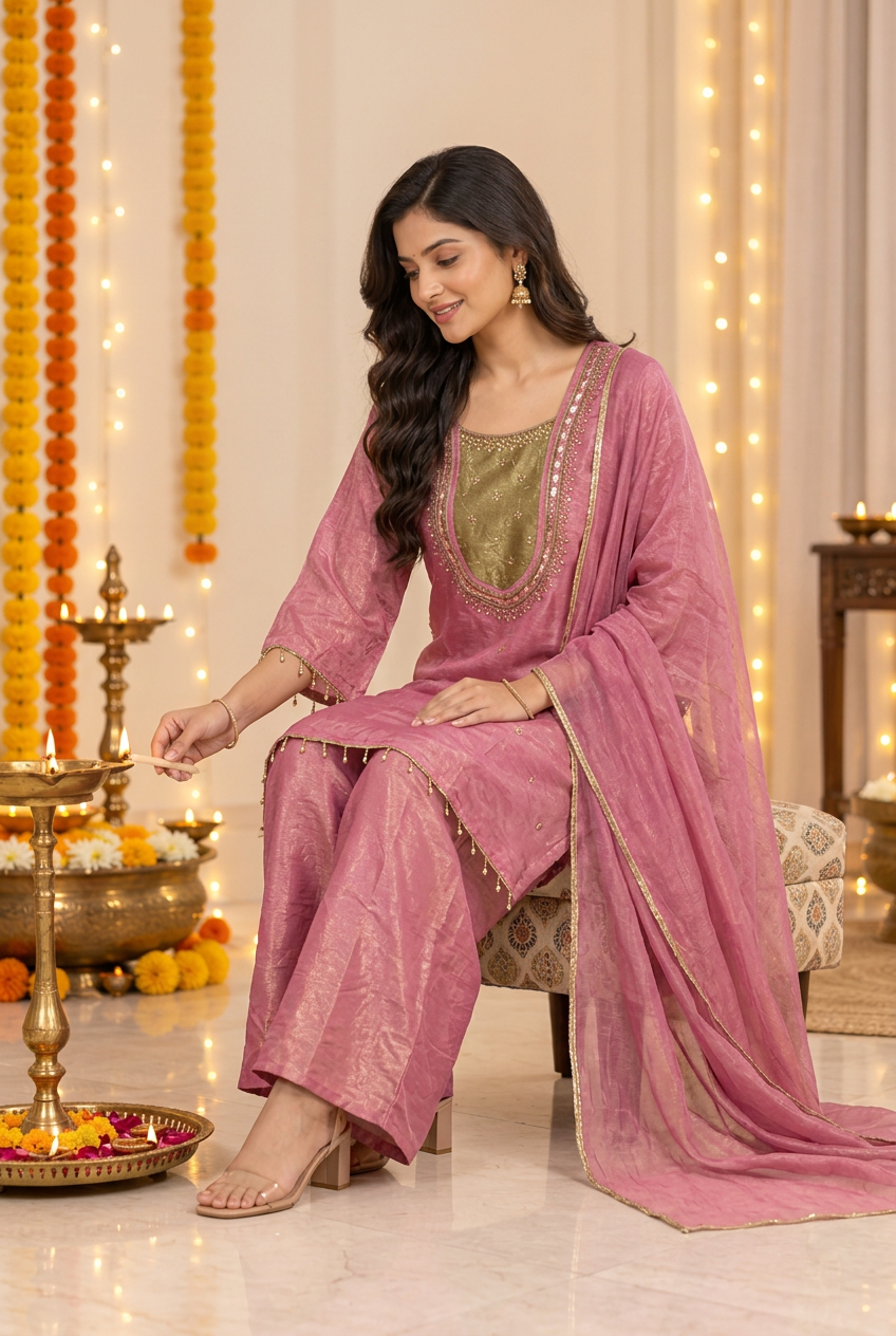 Dusty Pink Mirror Work Kurta Set with Dupatta