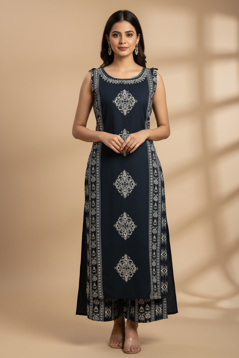 Navy Blue Ethnic Print Co-ord Set
