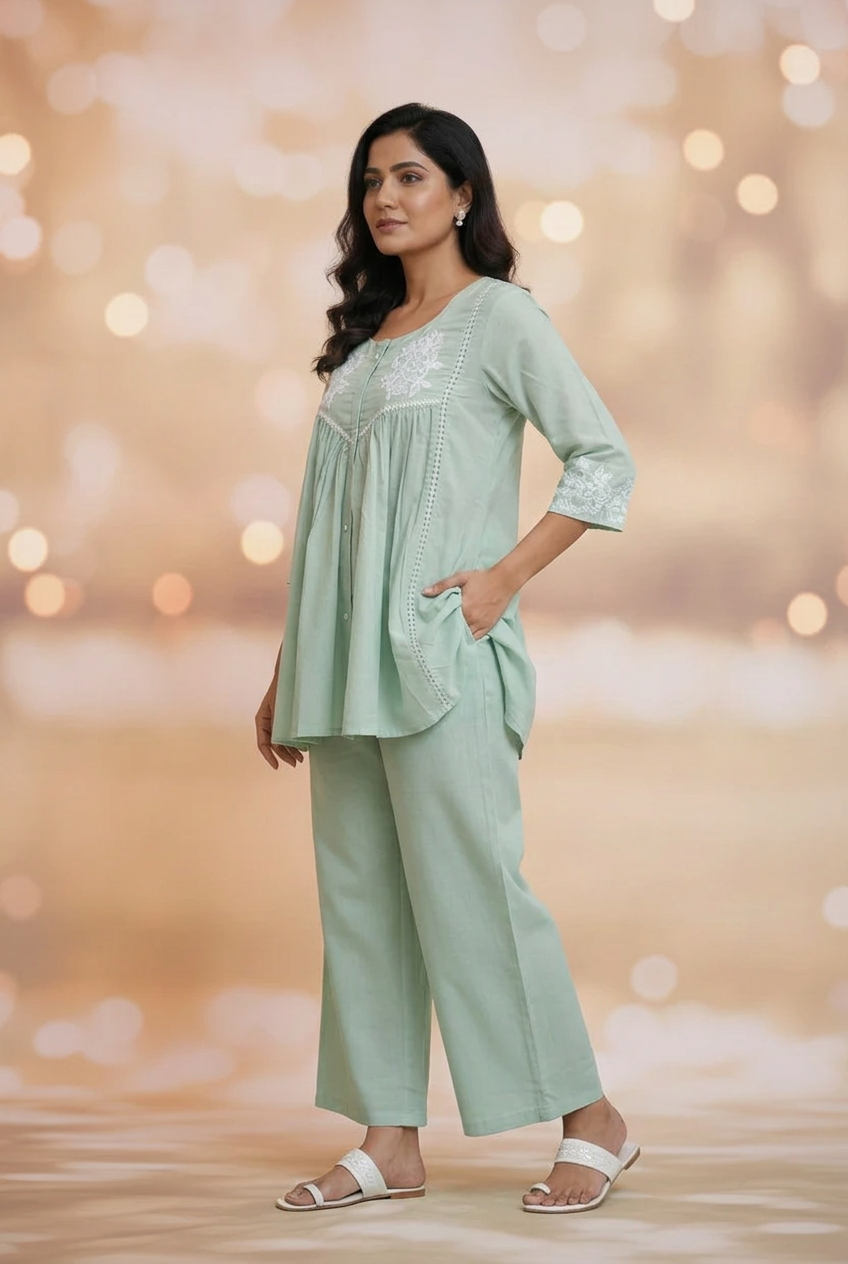 Model with hand in sage-coloured pants pocket