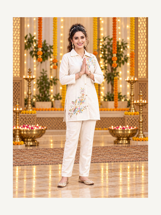 Ivory Floral Beadwork Mul Chanderi Co-ord Set