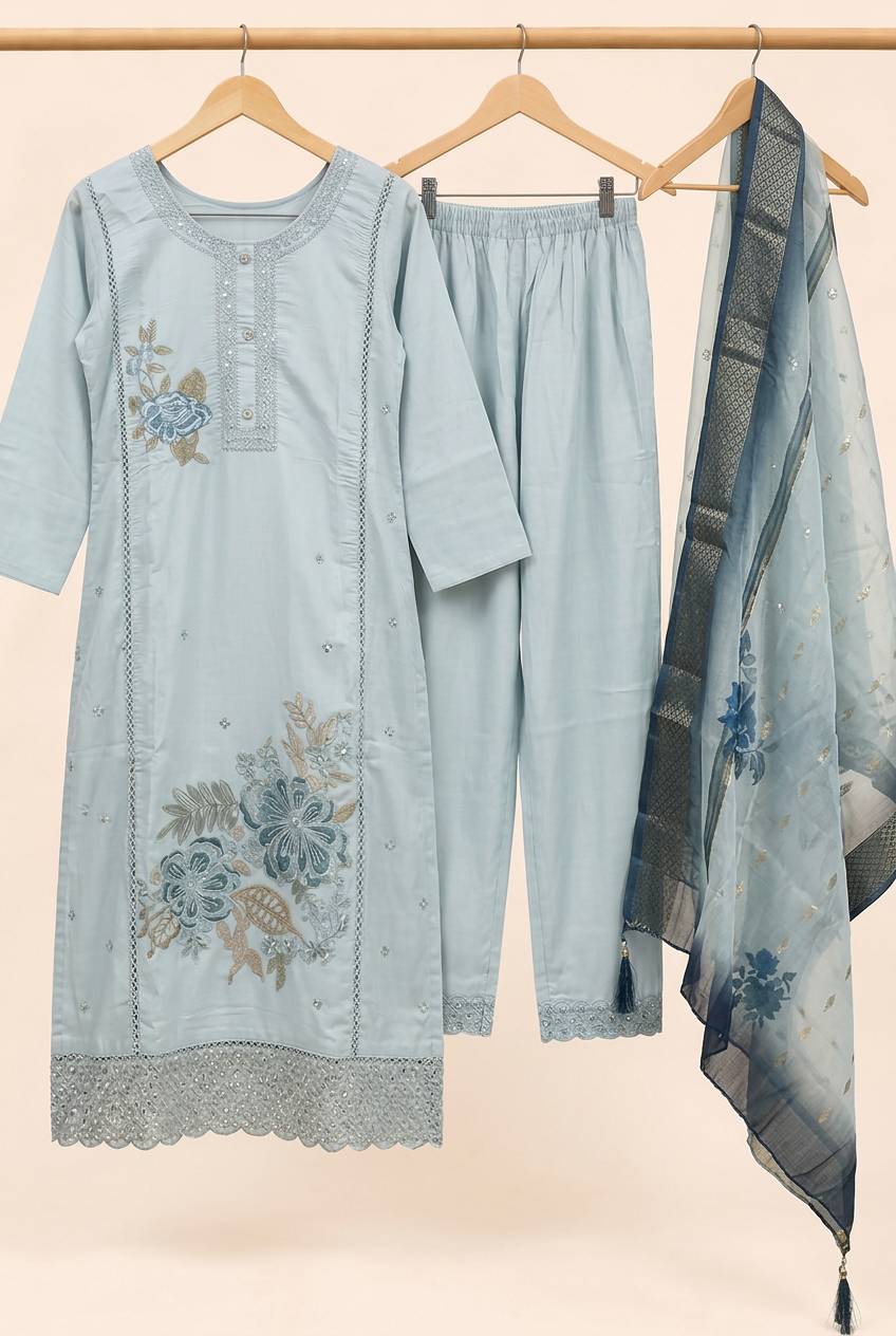 Pastel Floral Mul Chanderi 3-Piece Set-Powder Blue, Sage Green and Dusty Lavender