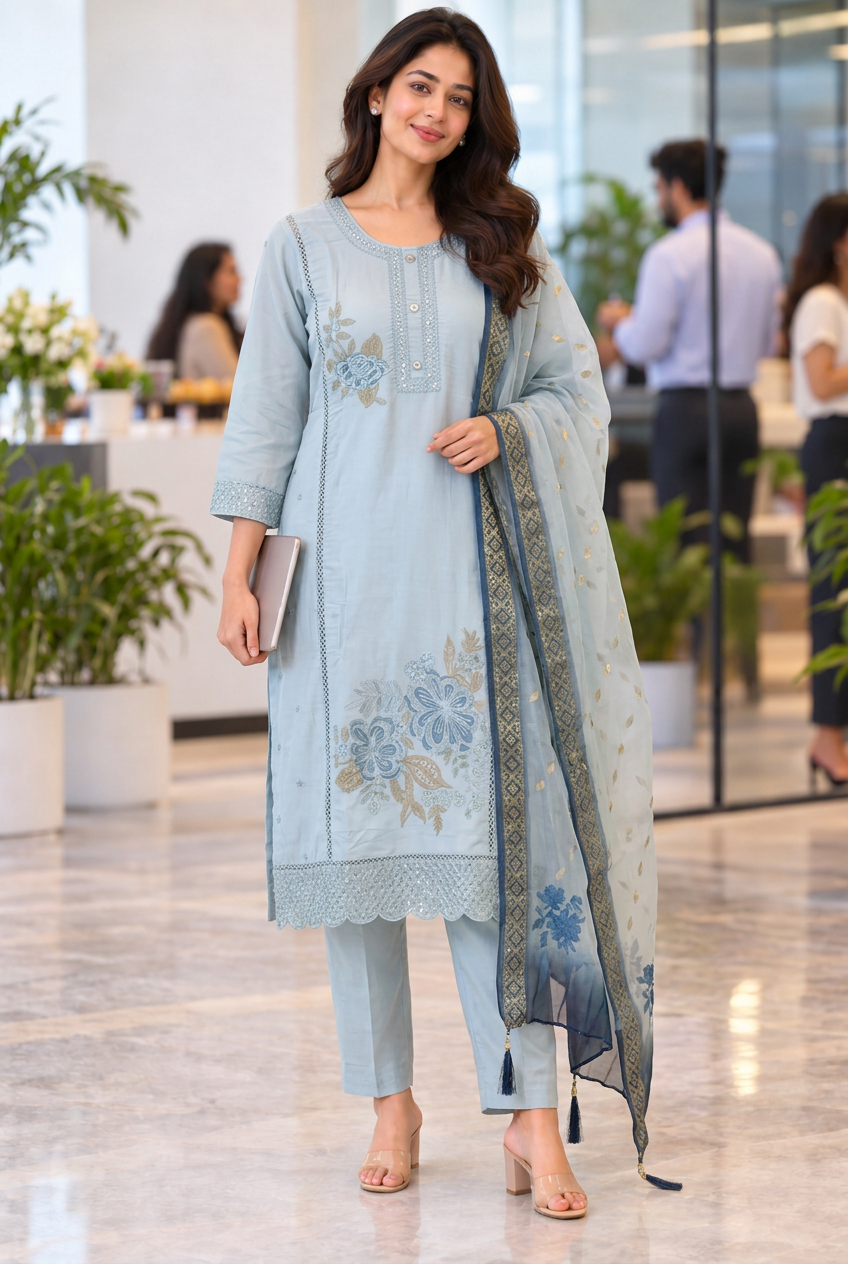 Pastel Floral Mul Chanderi 3-Piece Set-Powder Blue, Sage Green and Dusty Lavender