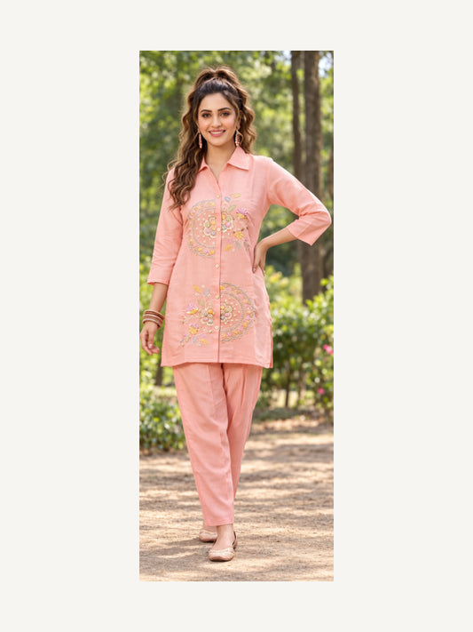 Peach Floral Beadwork Co-ord Set