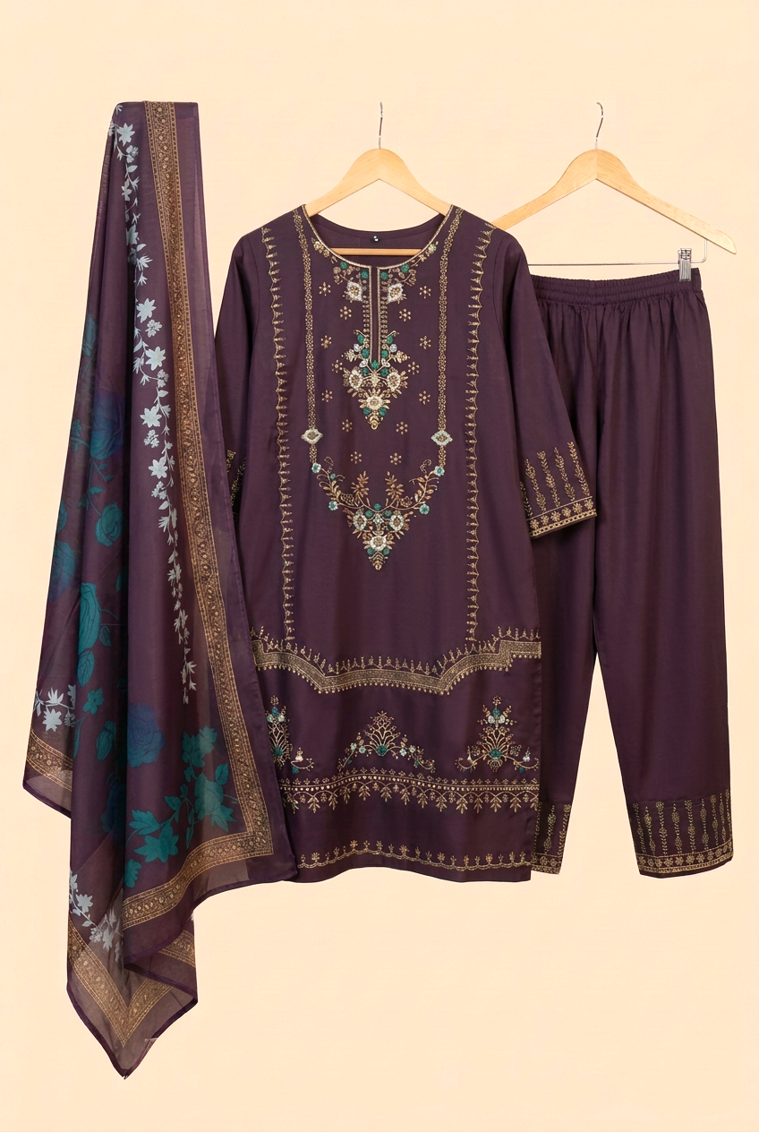 Gold Embroidered Kurta Set with Dupatta – Bottle Green, Peacock Blue, Wine, Plum