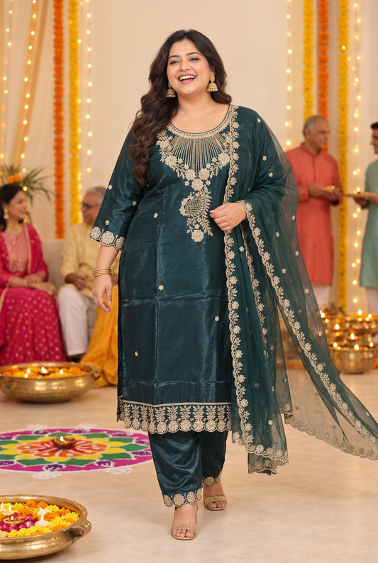 Emerald Green Zari Embroidered 3-Piece Set