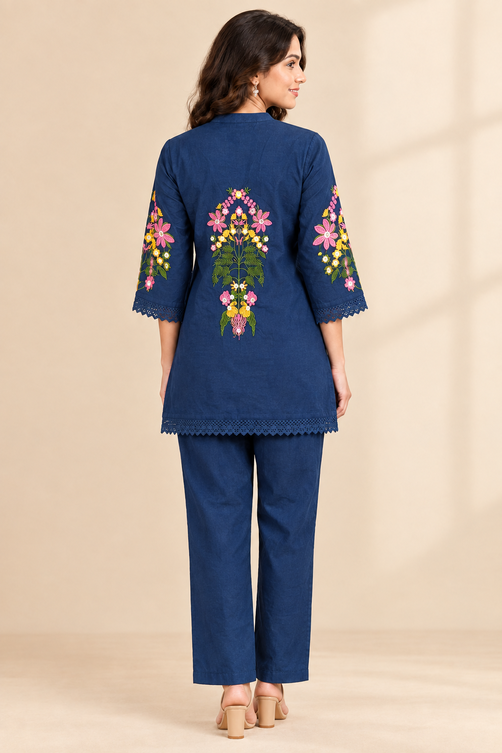 Navy Blue Back Floral Embroidered Co-ord Set