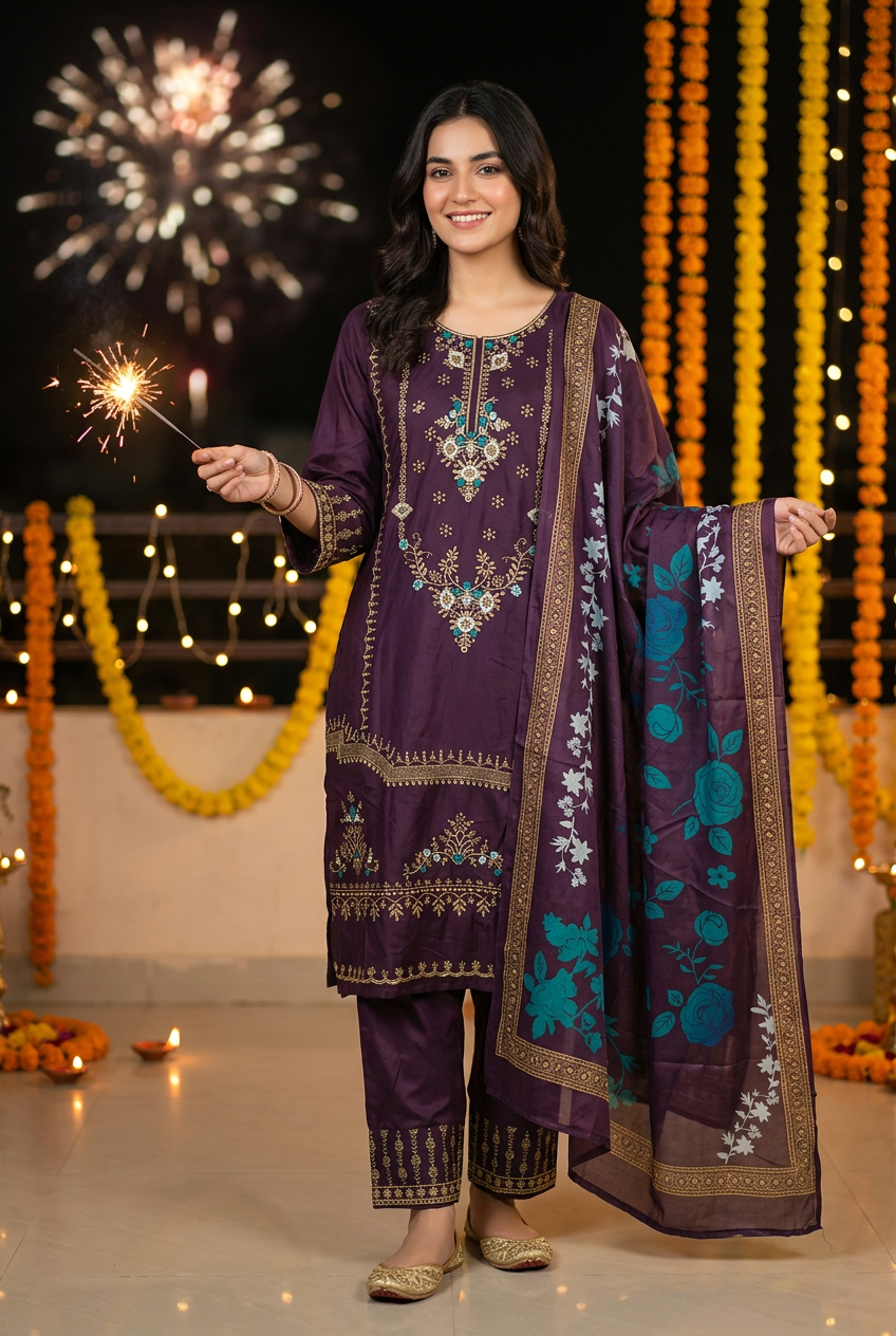 Plum purple Heavy Rayon kurta set with golden embroidery and a printed dupatta with teal and grey florals on a hanger