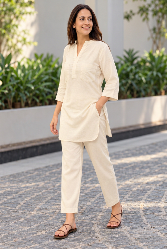 Off-white Khadi Cotton kurta co-ord set with mandarin collar, chest pockets and curved hem, displayed on hangers with matching straight pants
