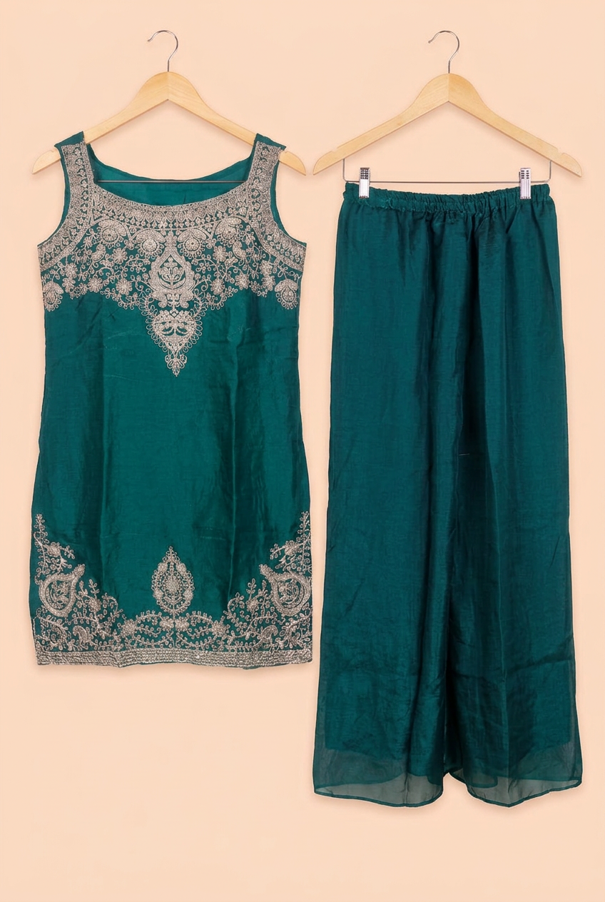Antique Gold Embroidered Kurta Palazzo Set – Bottle Green, Wine, Royal Blue, Plum
