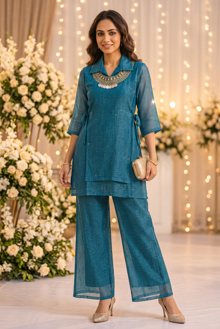 Peacock Blue Beaded Collar Angrakha Co-ord Set