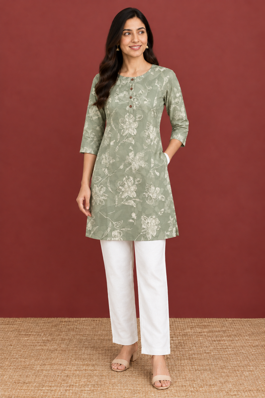 Sage green floral print tunic top with round neck, wooden buttons and three-quarter sleeves paired with white straight-fit pants on hangers